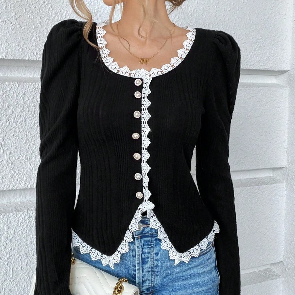 Black Preppy Womens Guipure Lace Trim Puff Sleeve Button Front Jacket - Picture 2 of 5